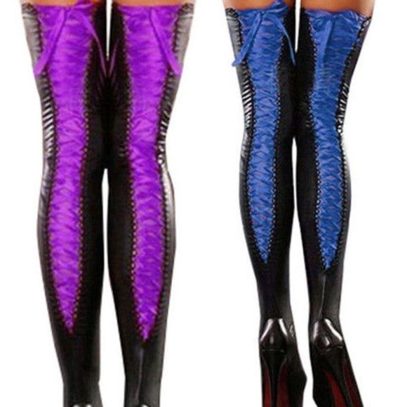 Sexy Black & Pink Lace up Faux Leather Stockings - Picture 4 of 5